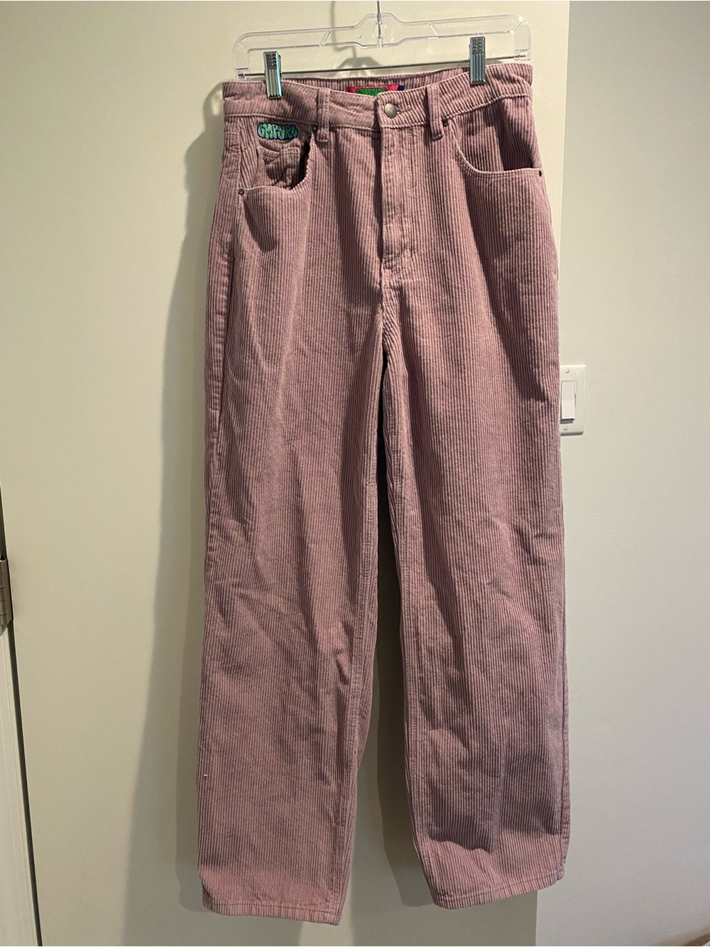 Empyre Pink Corduroy Straight Leg Pants Relaxed Fit Pockets Logo Accent